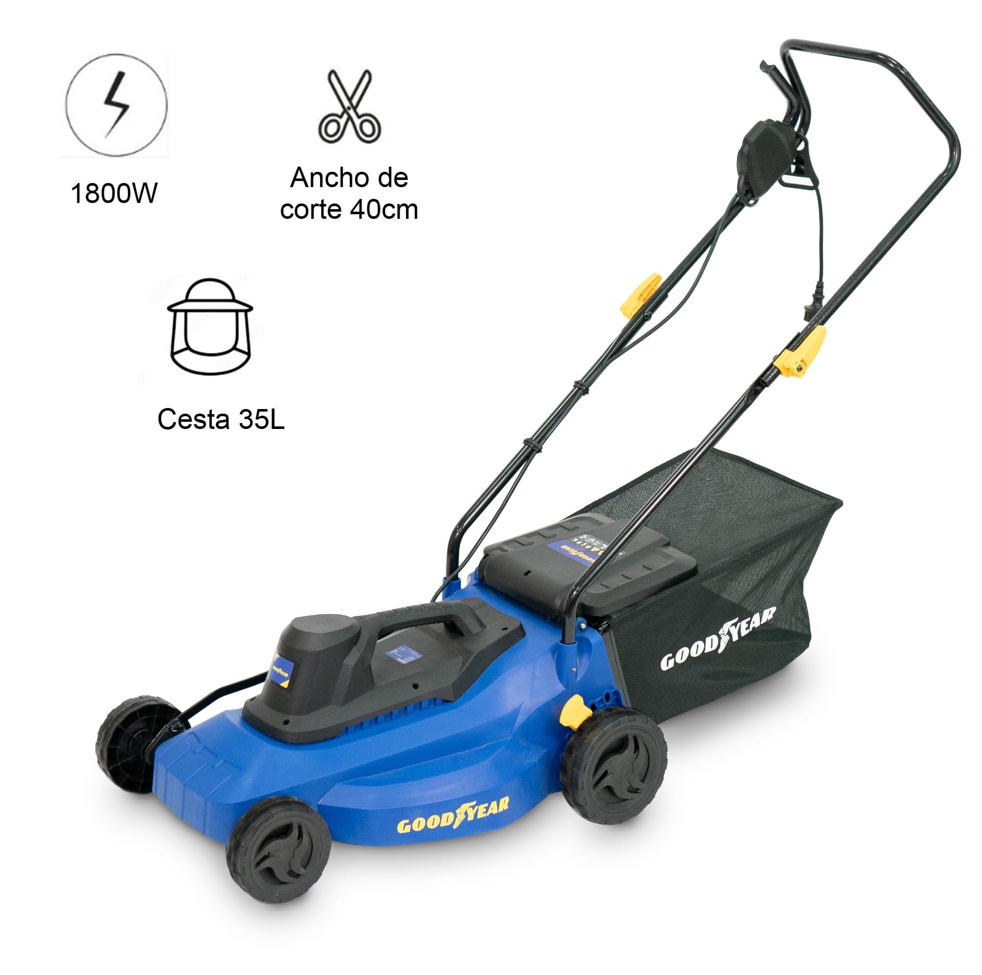 Goodyear - Cortacésped Eléctrico Rotativo 1800W, Ancho de Corte 40cm, Motor 3200 RPM, Segadora Eléctrica para Jardín hasta 300m², Altura Regulable y Bolsa de Recogida 35L, Ligero y Compacto