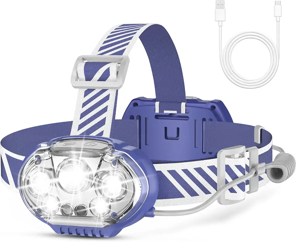 MIOISY Lanterna de cabeça recarregável, 20000 lúmens de alto brilho, 5 lâmpadas de LED com luz branca vermelha, farol impermeável IPX4, lanterna de cabeça de 8 modos para corrida ao ar livre, caça,