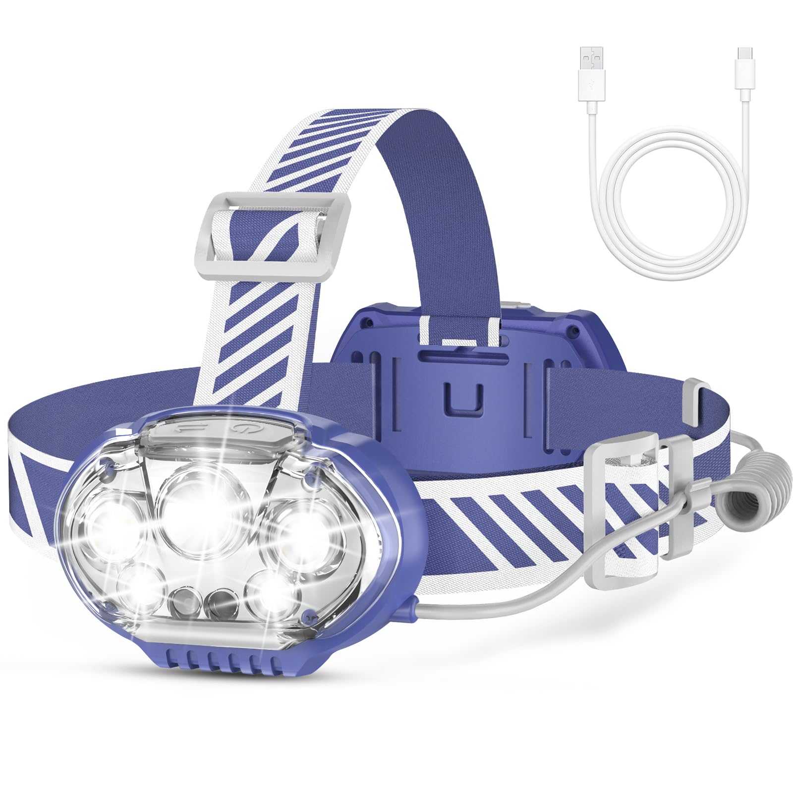 Rechargeable Headlamp, High Lumen Bright 5 LED Head Lamp with Red White Light,IPX4 Waterproof Headlight,8 Mode Head Flashlight for Outdoor Running Hunting Fishing Hiking Camping Gear-Blue