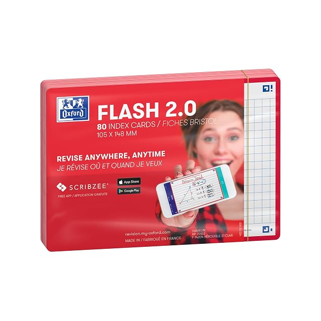 Oxford Flash 2.0 - 80 fichas Bristol Flash Cards A6 (10,5 x 14,8 cm), diseño de cuadros, color rojo