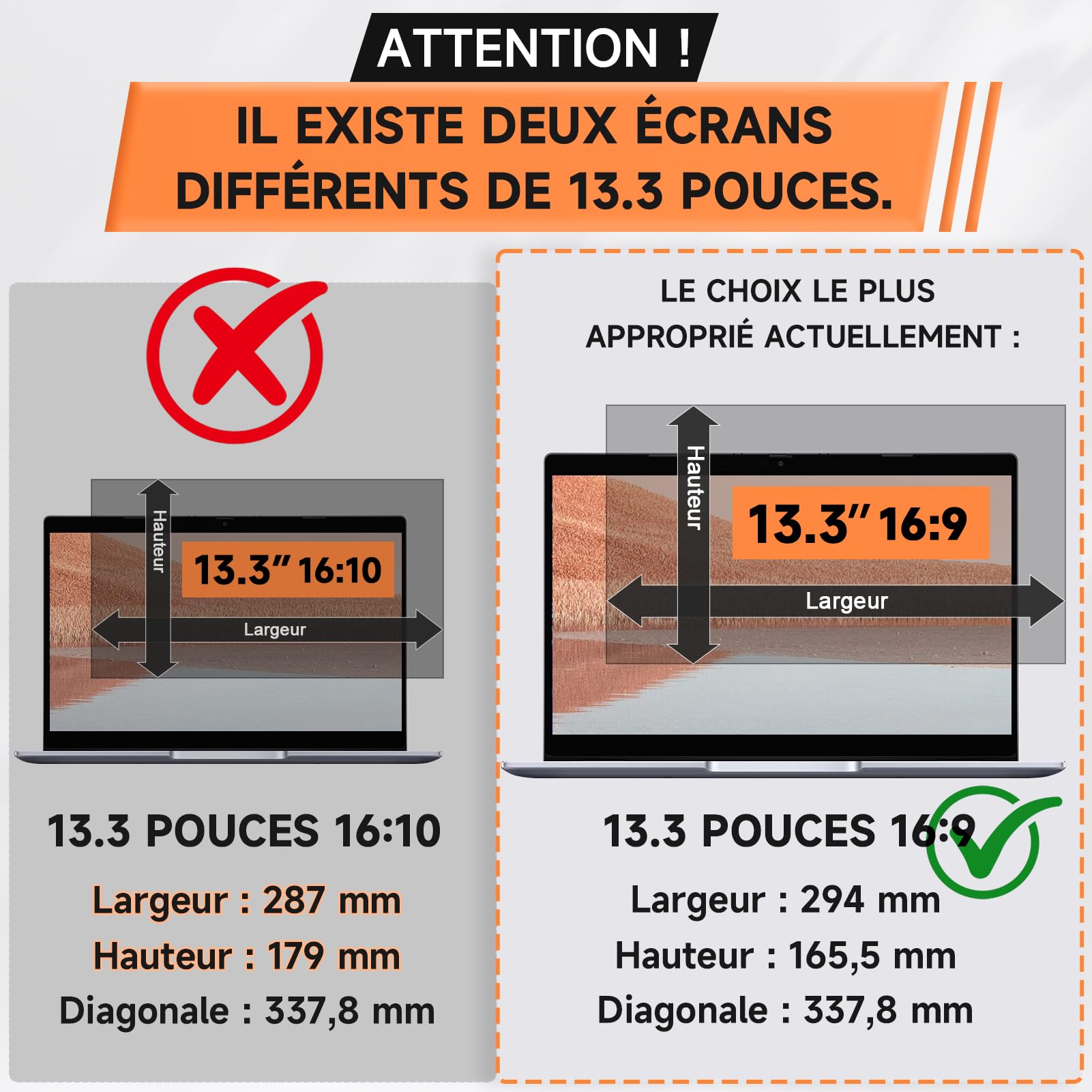 13.3 Pouces Filtre de Confidentialité pour écran Ordinateur Portable Aspect 16:9, Filtre Ecran 13.3 Pouces Compatible avec HP/Dell/Acer/Lenovo/Thinkpad/Envy/Asus/Xps, Amovible Filtre Lumière Bleu