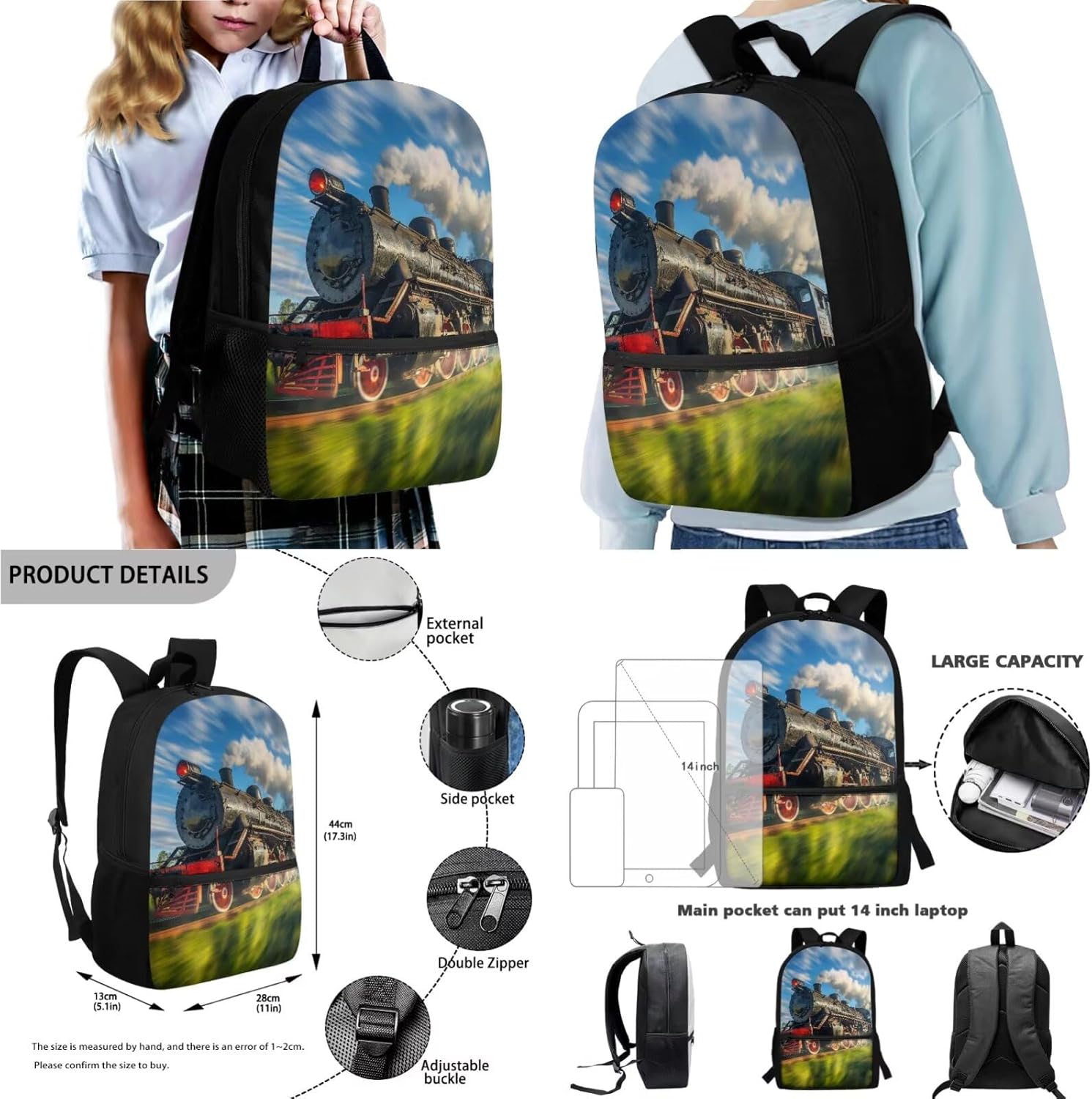 Steam Train Pattern 4Pcs School Bags Set for Boys Girls Large Capacity Backpack and Lunch Box Set with Water Bottle Holder Bag Pencil Case Student Bookbag