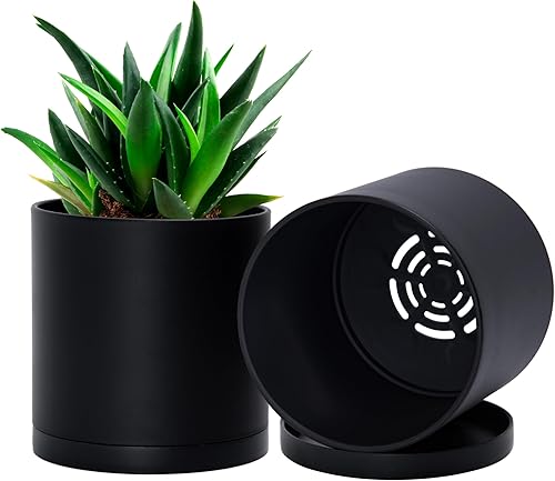 Miniatura 27 de D'vine Dev Paquete de 4 macetas de plástico modernas de 4 pulgadas, pequeñas macetas de jardín para plantas con agujeros de drenaje y platillos