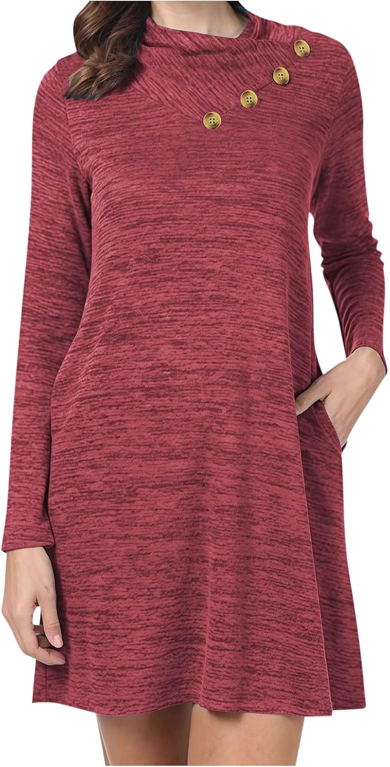 FZYLQY Womens Long Sleeve Button Decor Dress Casual A Line High Neck Mini Dresses with Pockets Fall Winter Tunic Dress