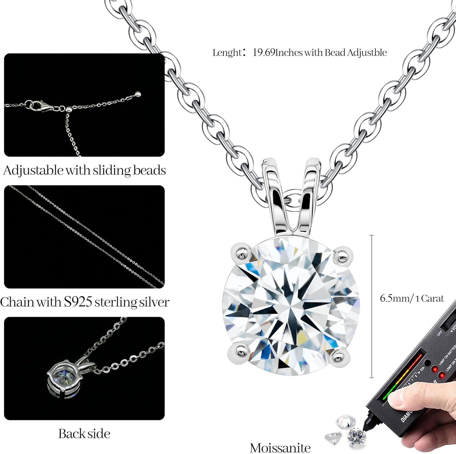 Moissanite 925 Sterling Silver Pendant Necklace 0.5-1 Carat Round Pear Cut, Dainty Elegent D Color Dancing Style with Bead Adjustable Chain Necklace for Women - Image 5