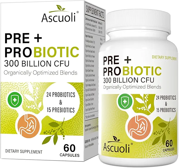 Ascuoli Probiotics for Women & Men - 300 Billion CFU, 24 Strains Probiotics + 15 Organic Herbs Blend, Daily Probiotic for Digestive Health, Immune, Gut, Bloating - 60 Capsule