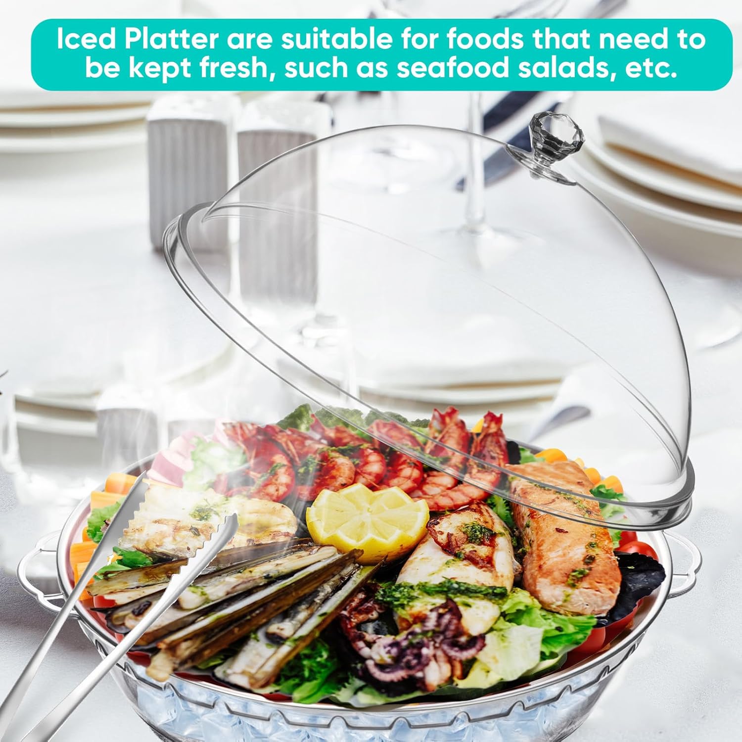 Baderke 11.8" Chilled Serving Tray for Parties with Compartments and lid Ice Chilled Party Platter Charcuterie Serving Board Cold Dish Dip for Fruit Seafood Vegetable Shrimp Cocktail(Silver,1 Pcs)