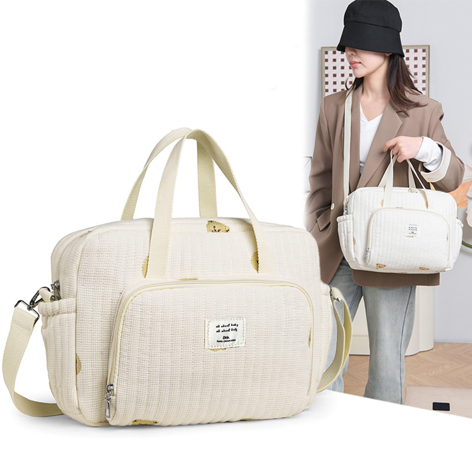 Bolsa de pañales cruzada a prueba de salpicaduras de gran capacidad para colgar en el cochecito de mamá para mujer, hombro de algodón y lino