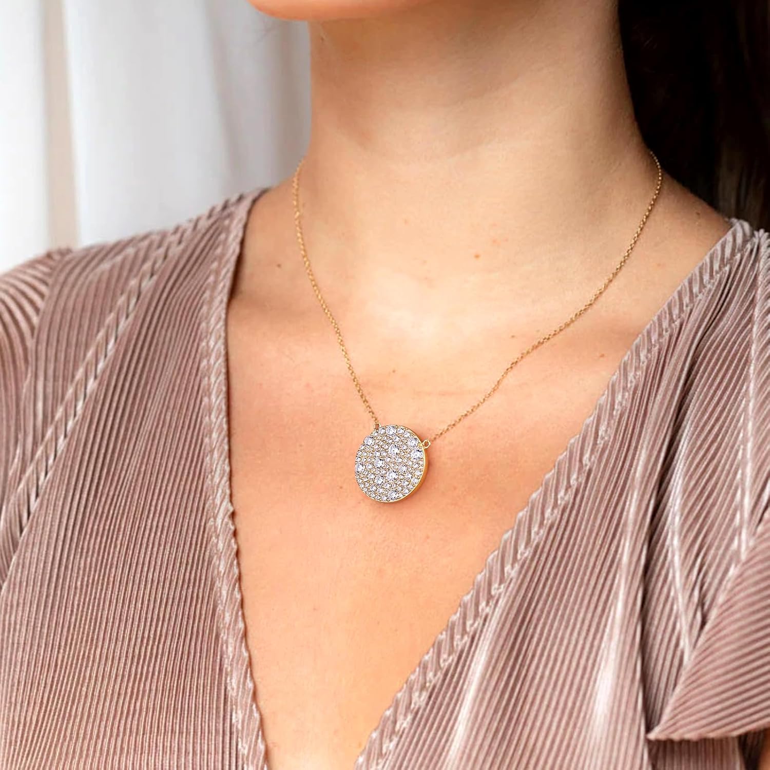 14K Gold Plated /925 Sterling Silver 18 Inch Pave Round Disc/Heart Pendant Necklace for Women Cubic Zirconia/Created Citrine/Ruby/Sapphire Fashion Jewelry - Image 6