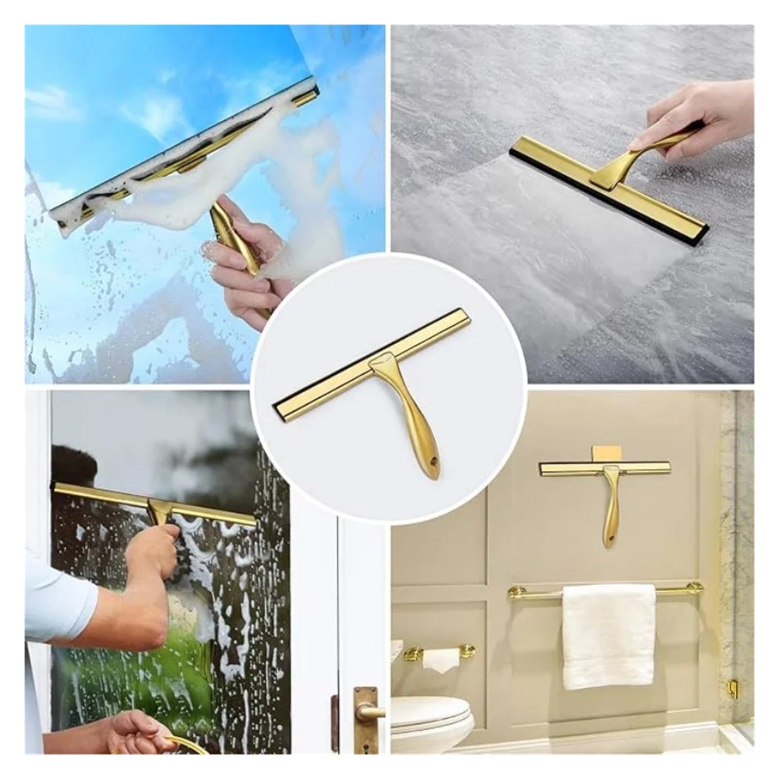 Tergipavimento portatile in acciaio inossidabile dorato da 10 pollici for la pulizia delle finestre di vetro del bagno Scrubber for testa in silicone for uso domestico(10INCH Golden)
