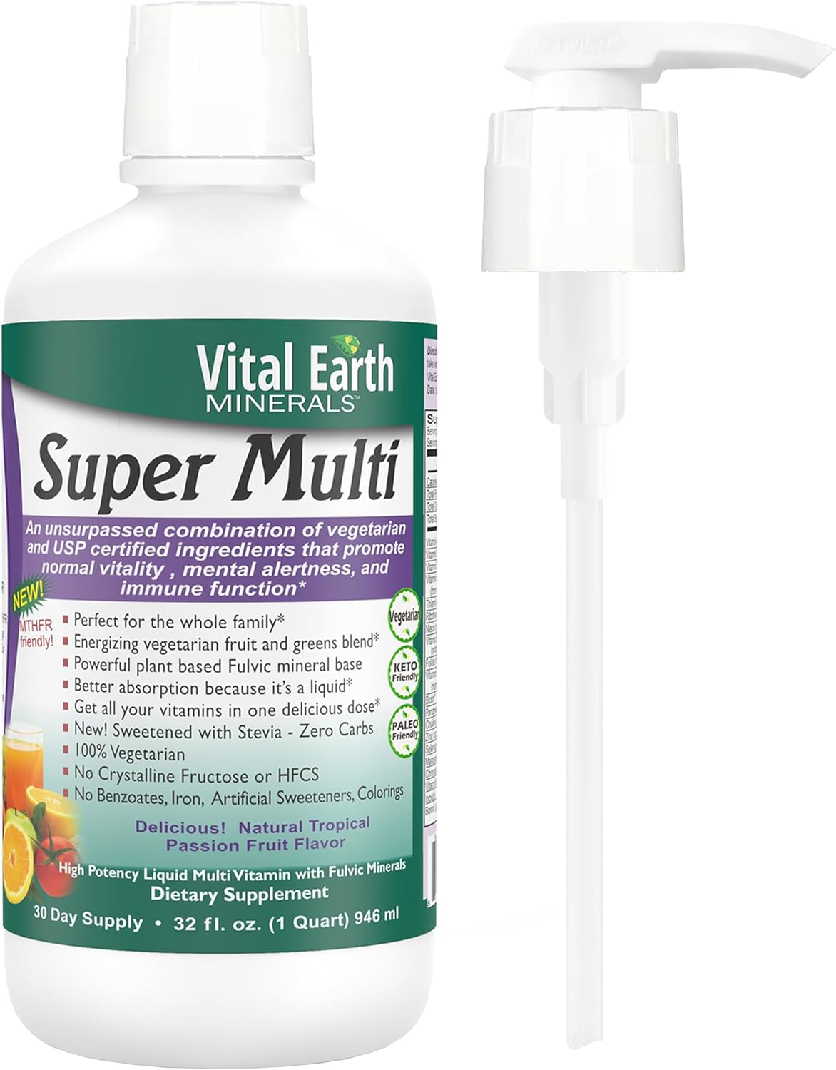 Vital Earth Minerals Super Multi with Pump – Liquid Multivitamin for Women, Men & Kids with Fulvic Acid for Better Absorption, MTHFR Support, 32 Oz + 1 Oz Cup