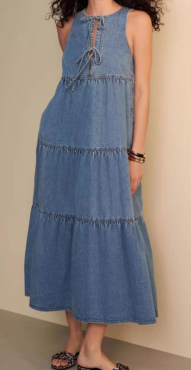 CHARTOU Women Bow Tie Front Lightweight Denim Dress Sleeveless Flowy Long Tank Dress with Pockets - Image 2