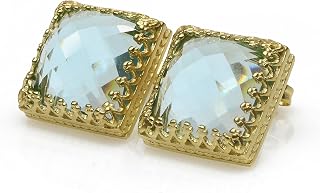 Square Faceted Gold Vermeil Earrings with Blue Topaz - Vintage Style Handmade Earrings for Women - Royal Earrings, Bridal Earrings, Statement Earrings, Birthstone Earrings for Ladies