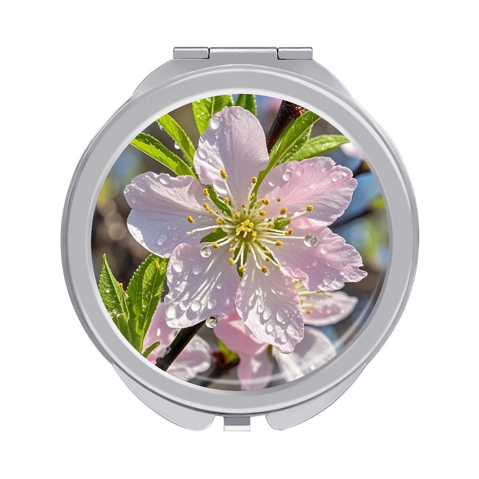FekiLoot Peach Cherry Blossom Travel Makeup Mirror for Women Folding Portable Hand Compact Mirrors Small Round Vanity Mirror 1X/2X Magnifying Metal Pocket Makeup Mirrors