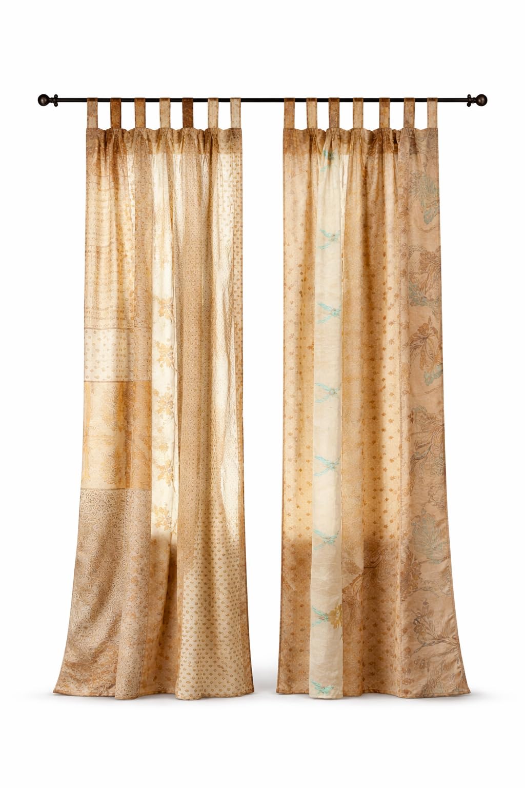 AFFERTO Home Decorative Silk Sari Curtains Unique Patchwork Design Light Filtering Window Panels for Living Room and Bedroom 84-inch Length (Beige)