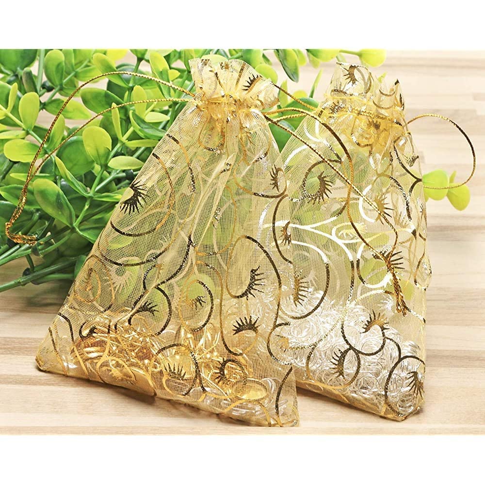 DMS RETAIL Printed Organza Bag Pouches|Organza Return Gift Bags|Drawstring Pouches For Wedding| Jewelry Gift Bags for Party Golden Pack Of (20) - Image 2 thumbnail