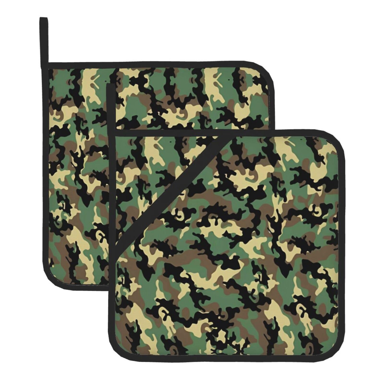 YYHWHJDE Camo Prints Square Hot Pads for Kitchen Counter - Waterproof Pot Holders with Hanging Loop, Durable Trivets for Microwave Oven - 2 Pack