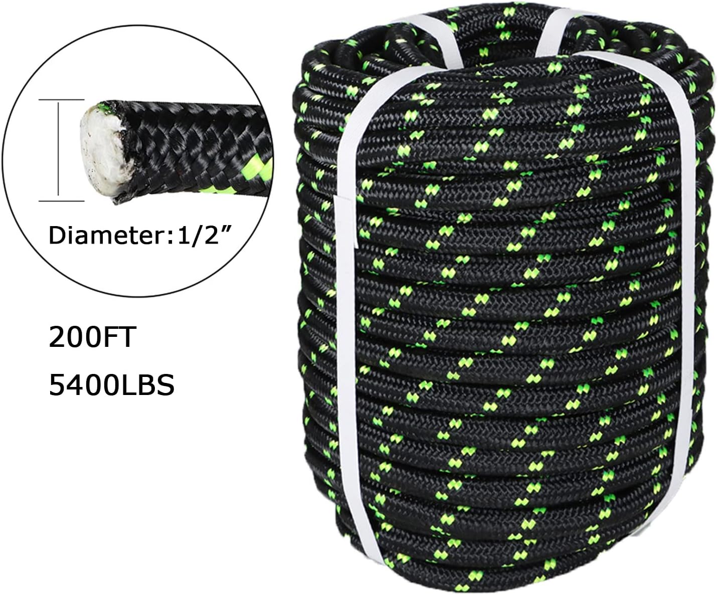 1/2In x 200FT Arborist Bull Rope Double Braid Polyester Rigging Hoisting Line High Strength Tree Rope,Black & Green