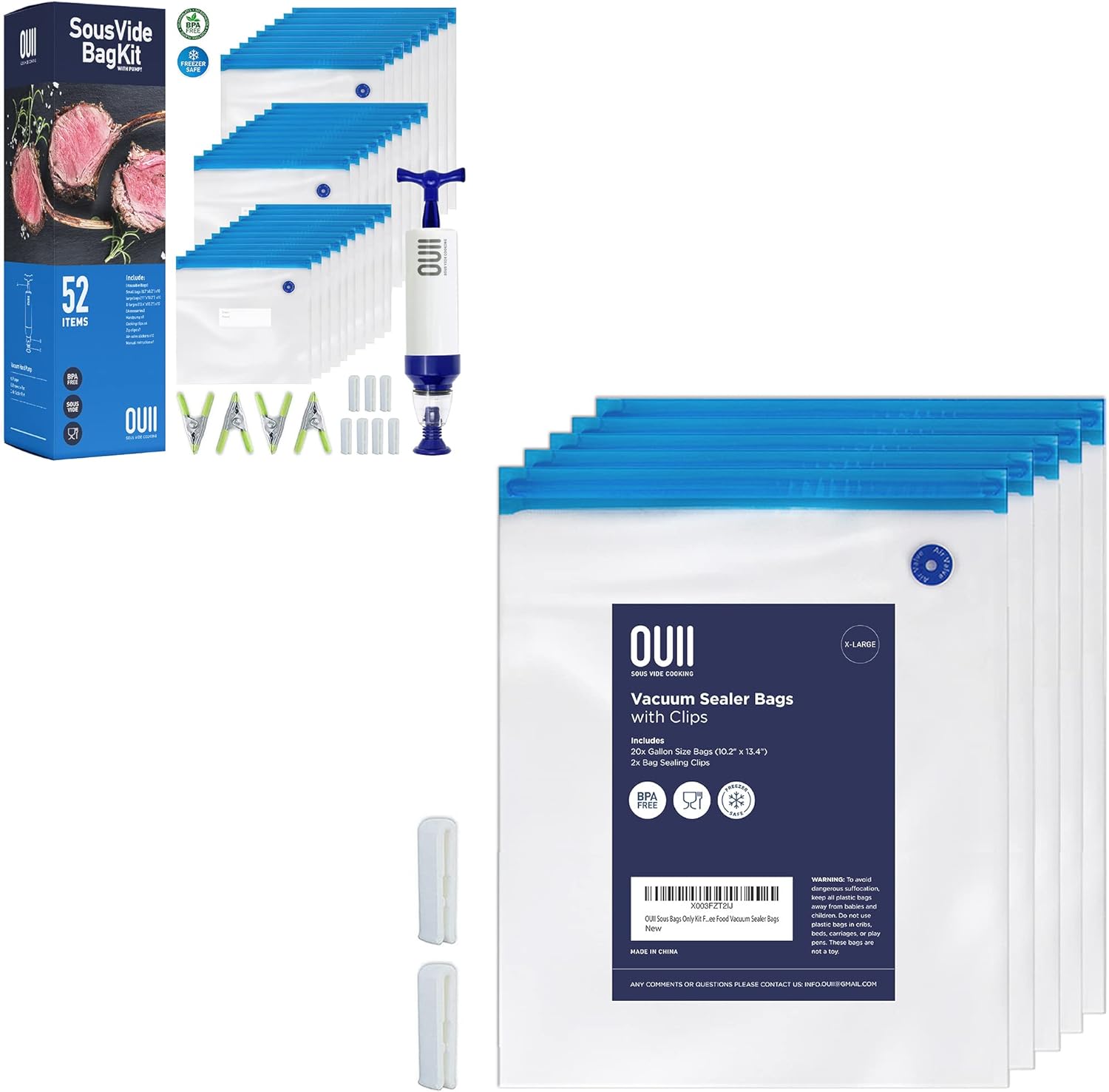 Sous Vide Bags Kit Bundle - 74 Pieces Kit with Vacuum Sealer Bags, Hand Pump & Clips