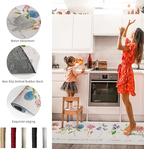 Miniatura 6 de Kitchen Rug Mats Set of 2 Piece Elegant Colorful Flower Non Slip Cushioned Rug Floral Leaf Plant Anti-Fatigue Washable Comfort Floor Mat Carpets