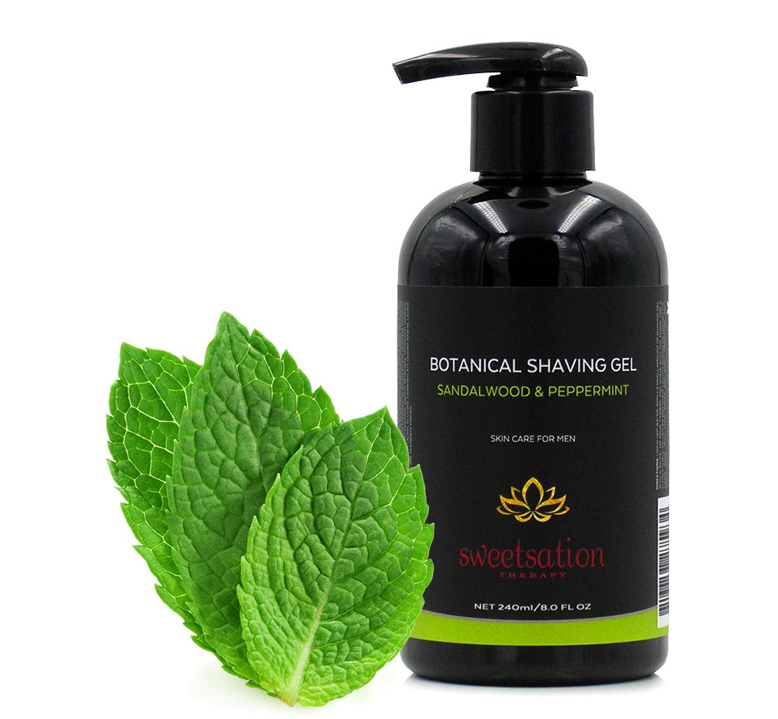 Botanical Shaving Gel, Sandalwood & Peppermint, 8oz All Natural Skin Care. For Smooth Gentle Shave.