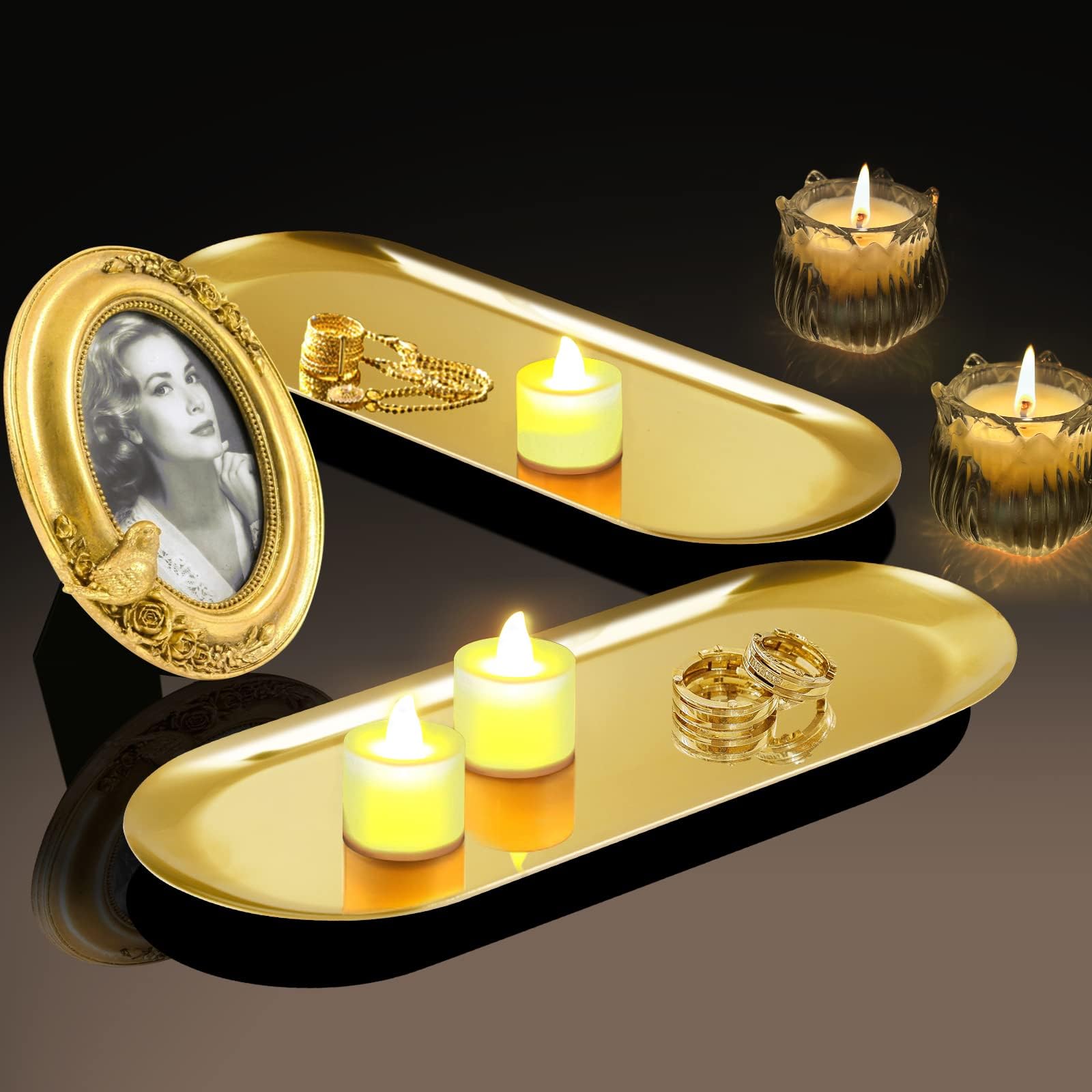 Vassoio da portata in acciaio inox dorato, 2 pezzi Ovale cosmetici vassoio decorativo per piccoli oggetti, vassoio dorato per Caffe, gioielli, candele, 30 x 12 cm