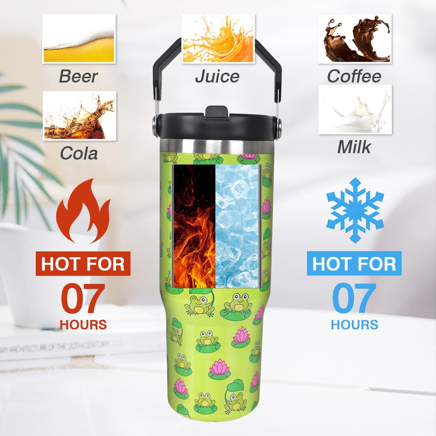 30oz Crown Frog Bottle Spill Proof Tumbler with Top Handle and Straw Lid Stainless Steel Double Wall Insulated Tumbler Coffee Mug Gift for Women Men Travel Cup for Car (Lotus Frog) - Image 4
