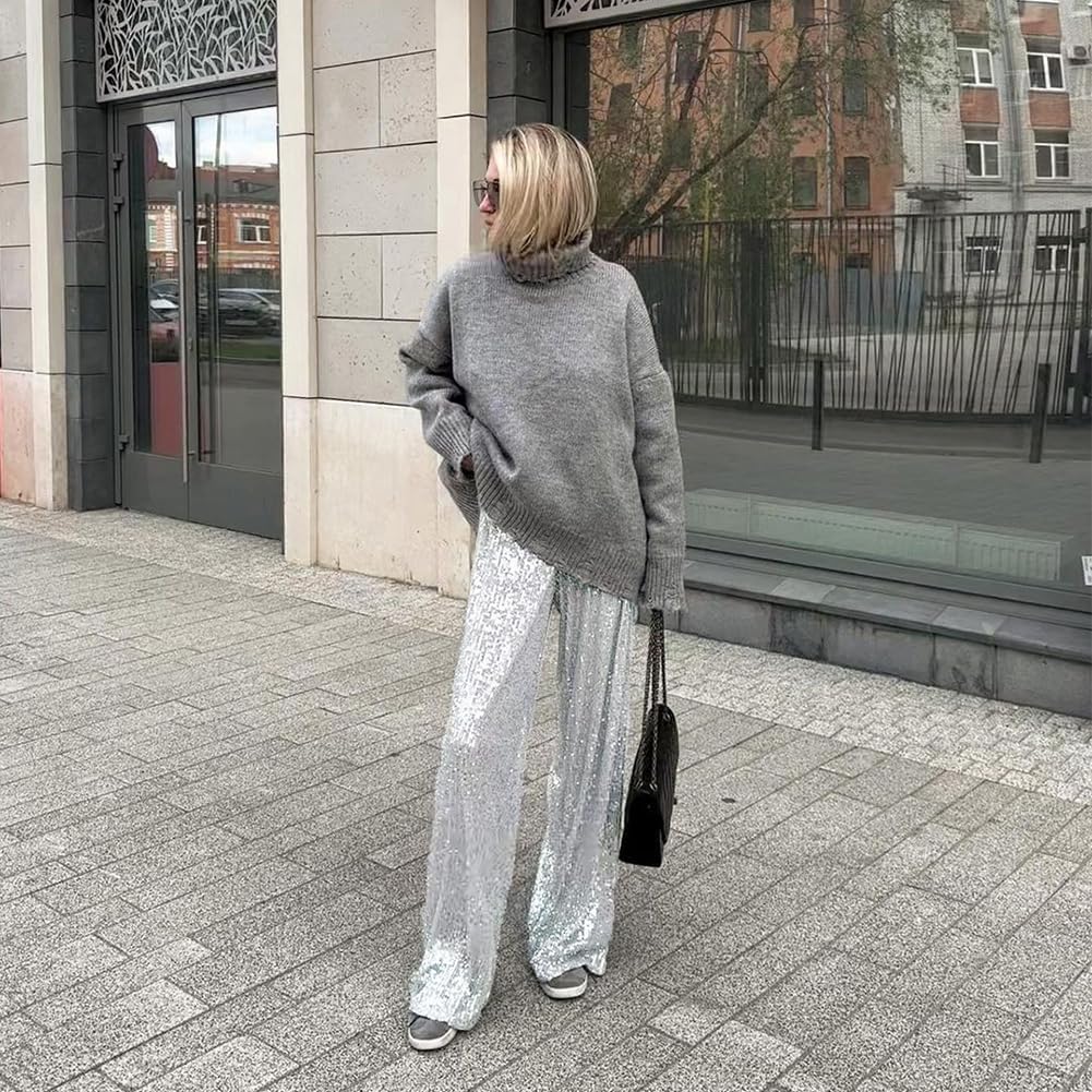 ODIZLI Womens Wide Leg Sparkle Sequin Pants Elastic High Waisted Bling Glitter Dance Pants - Image 4