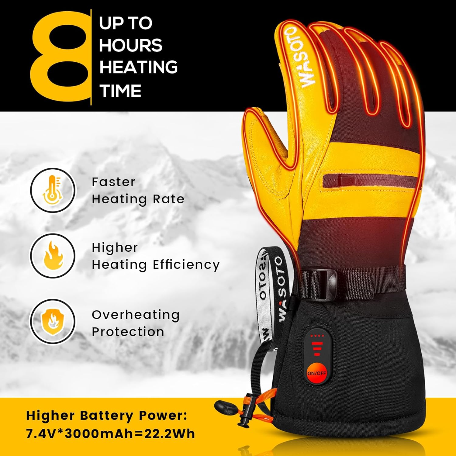 WASOTO Heated Gloves for Men Women 7.4V Battery 22.2WH Electric Rechargeable Heated Ski Gloves Waterproof Durable Leather Work Gloves for Camping Hunting Fishing Snowboarding Hiking raynaud - Image 2