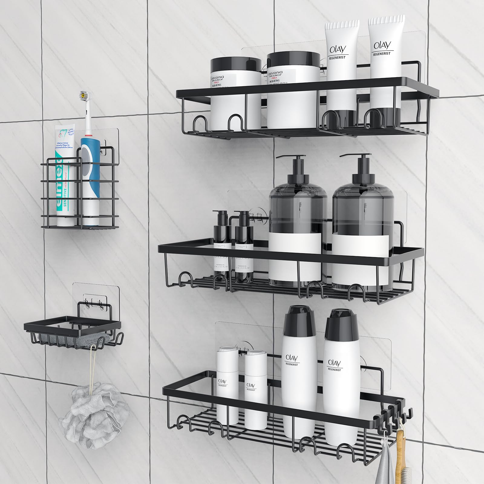 MakeFit 5 Pack Shower Caddy Adhesive Organizer for Bathroom Kitchen Large Capacity Rustproof Stainless Steel Shelves No Drilling