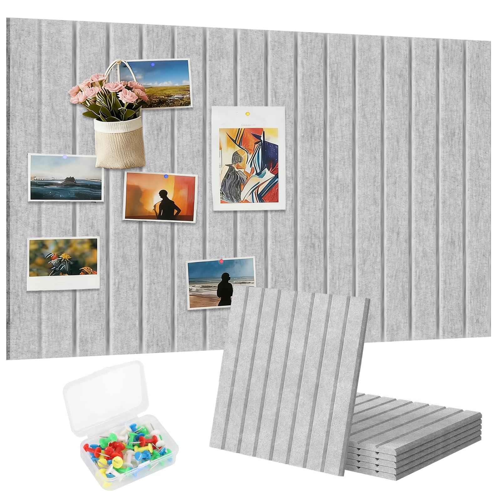 Corcho de Pared Fieltro Adhesivo 90 x 60 cm Tablero de Corcho con 35 Tachuelas 0,9 cm de Grosor para Decorativa Hogar Escuela Oficina (Gris Claro)