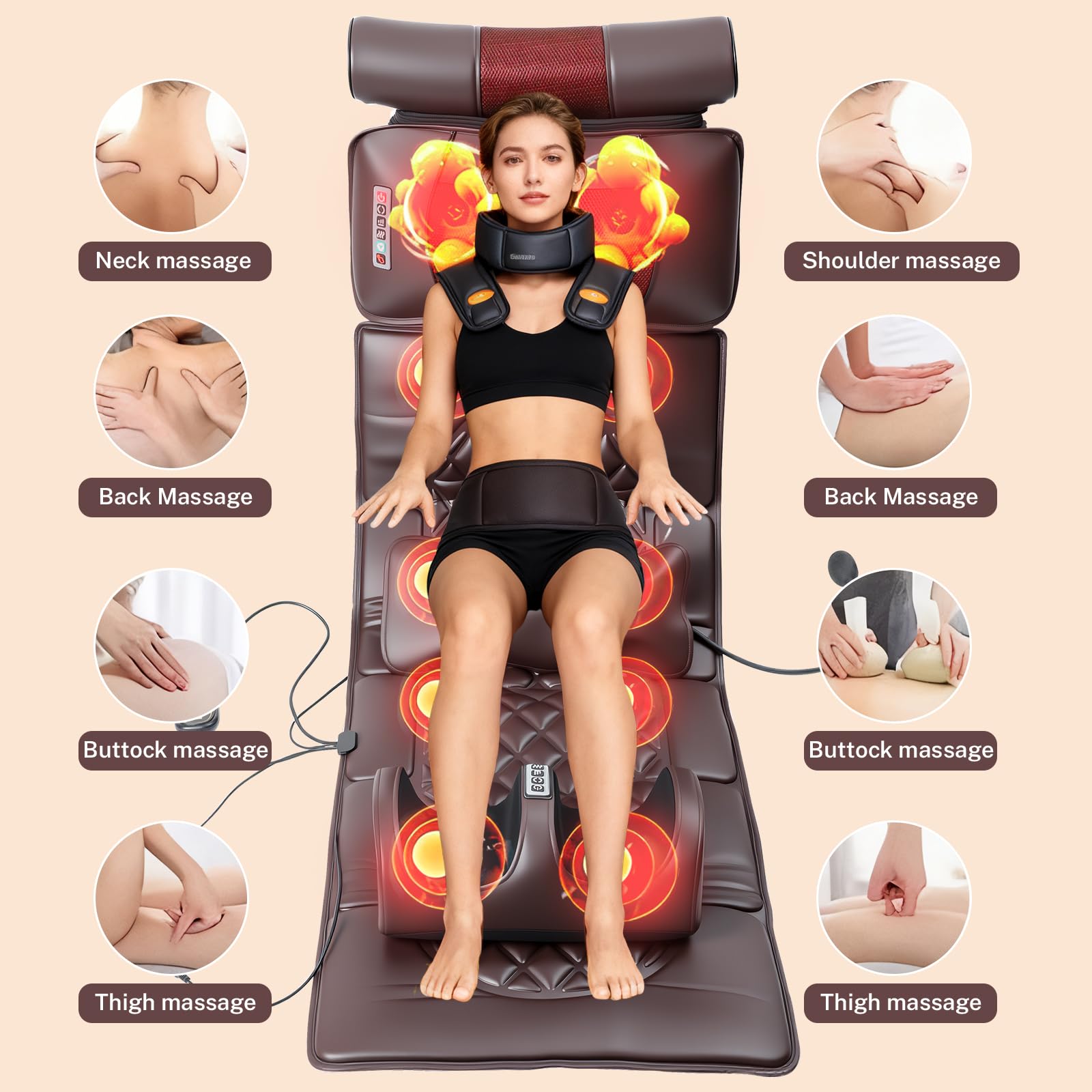 Alfombra de masaje multifuncional para todo el cuerpo, masaje cerevical lumbar, espalda y piernas, amasado y calor, 10 motores, 3 niveles de intensidad, 5 modos, plegable, para casa, sofá cama, suelo