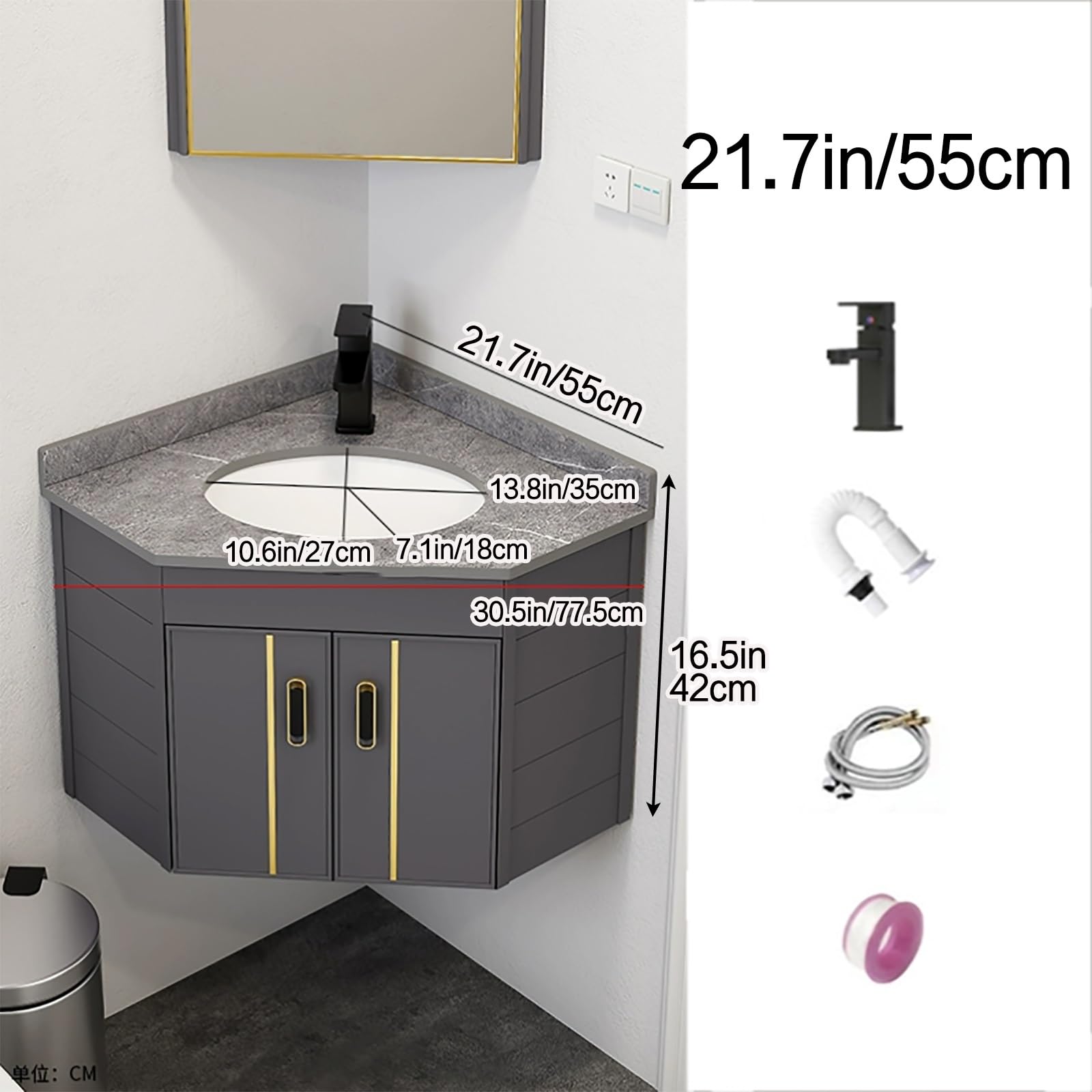 Moderno lavabo esquinero de pared para baño, diseño flotante que ahorra espacio con gabinete de profundidad delgada, perfecto para baños pequeños y espacios reducidos