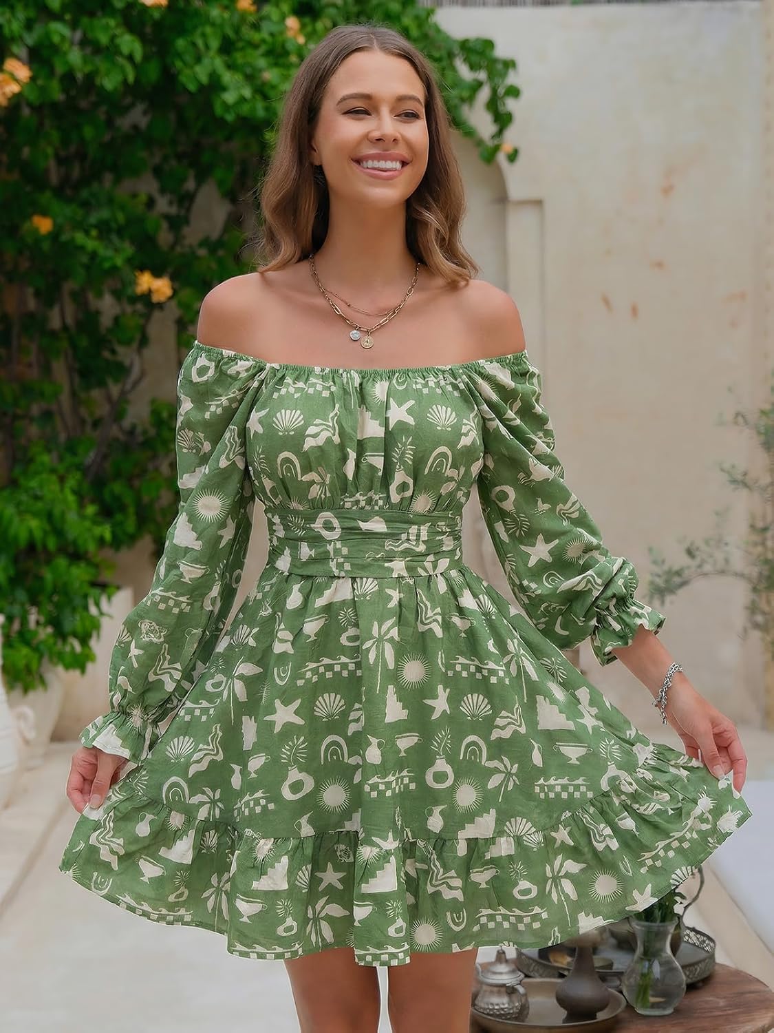 EXLURA Women's 2026 Casual Long Lantern Sleeve Dresses Square Neck Ruffle Tie Back Elastic Waist Aline Short Mini Dress - Image 2