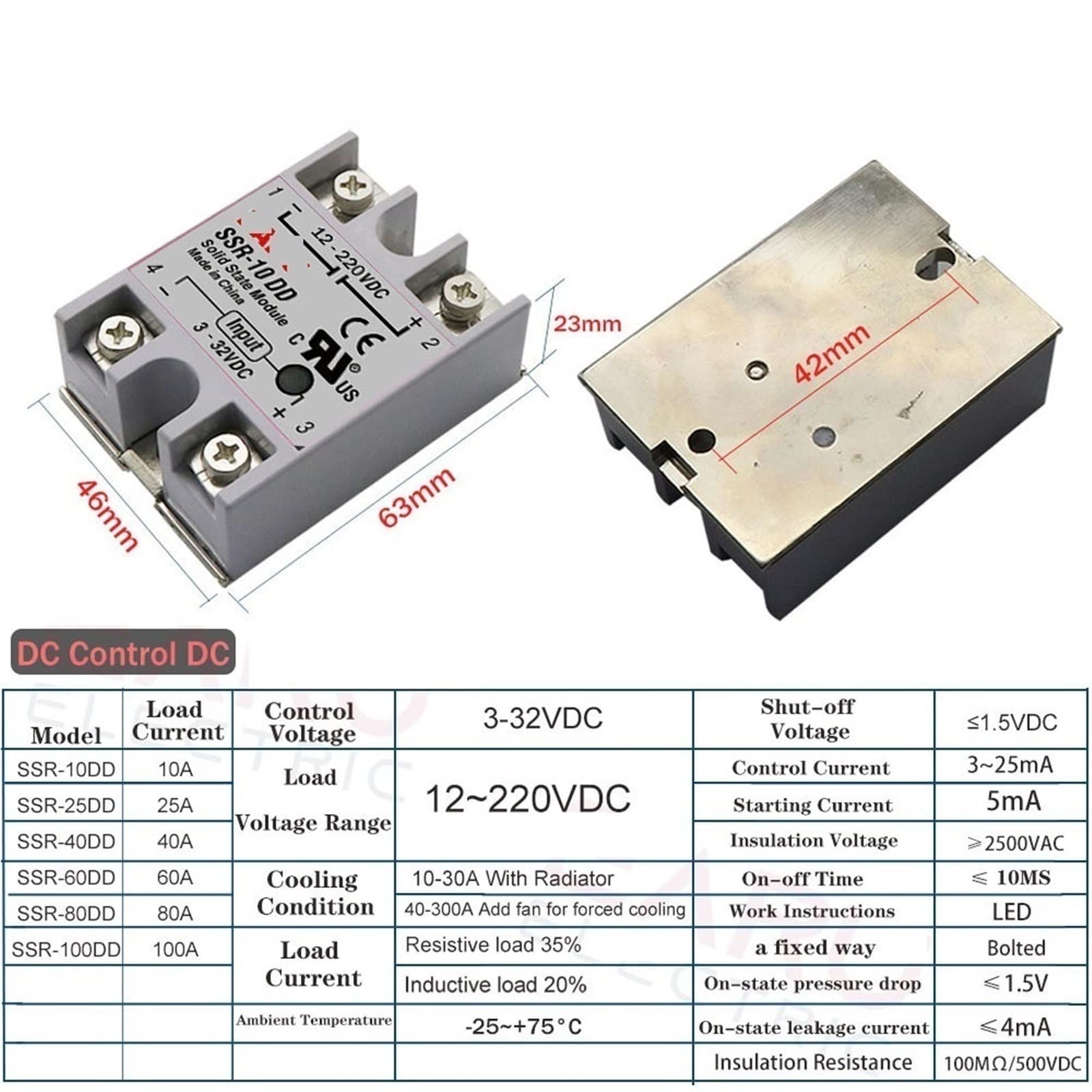 SSR-10DD SSR-25DD SSR-40DD SSR 10A 25A 40A Modulo relè a stato solido DC3-32V Ingresso a DC12-220V DC Controllo Trasformatore di tensione DC 1Pcs(SSR-40A)