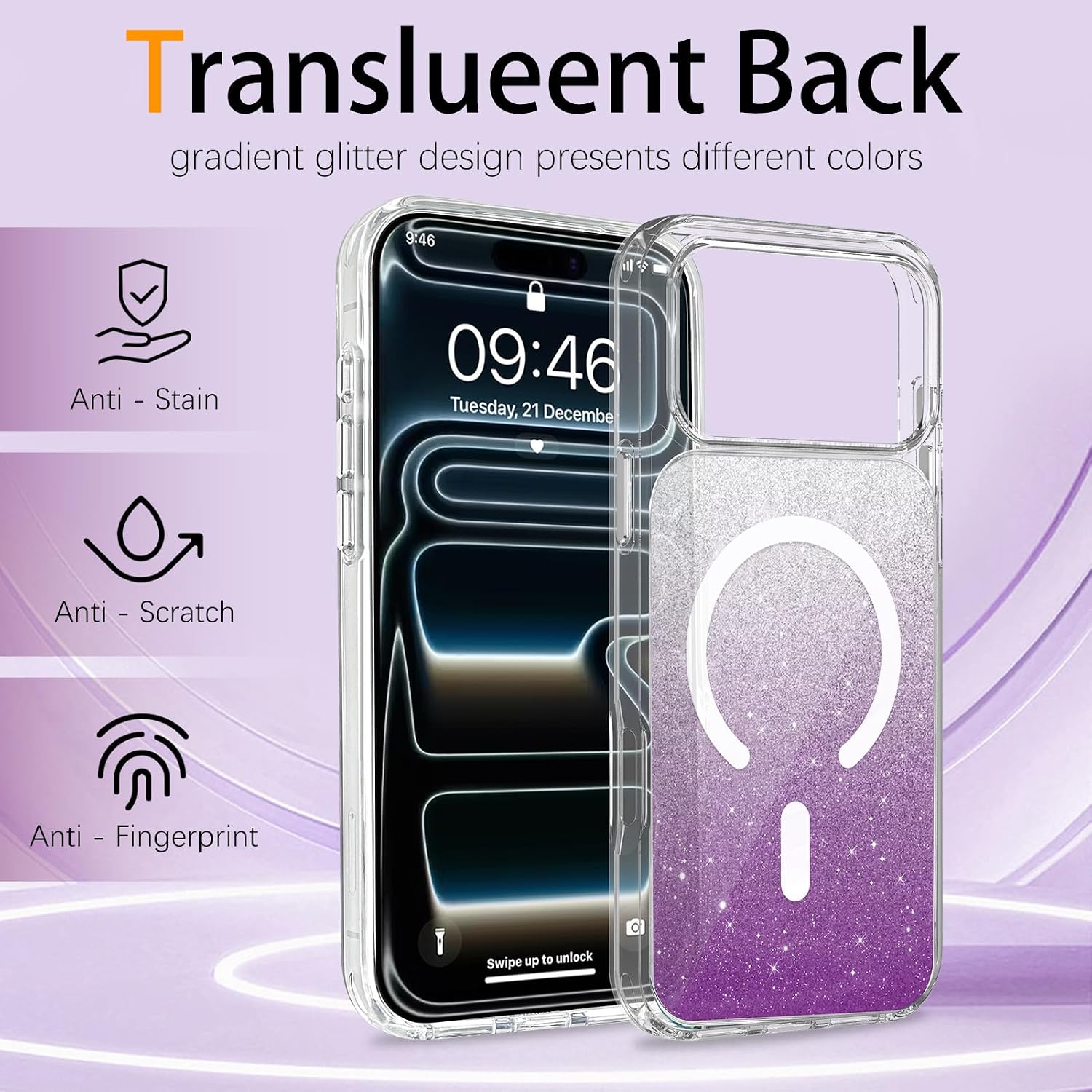 Magnetic Case for iPhone 17 Pro Max [Compatible with MagSafe] Aesthetic Glitter Sparkle Bling Shiny Design Slim Shockproof Translucent Matte Phone Cover for Women Girls, Purple