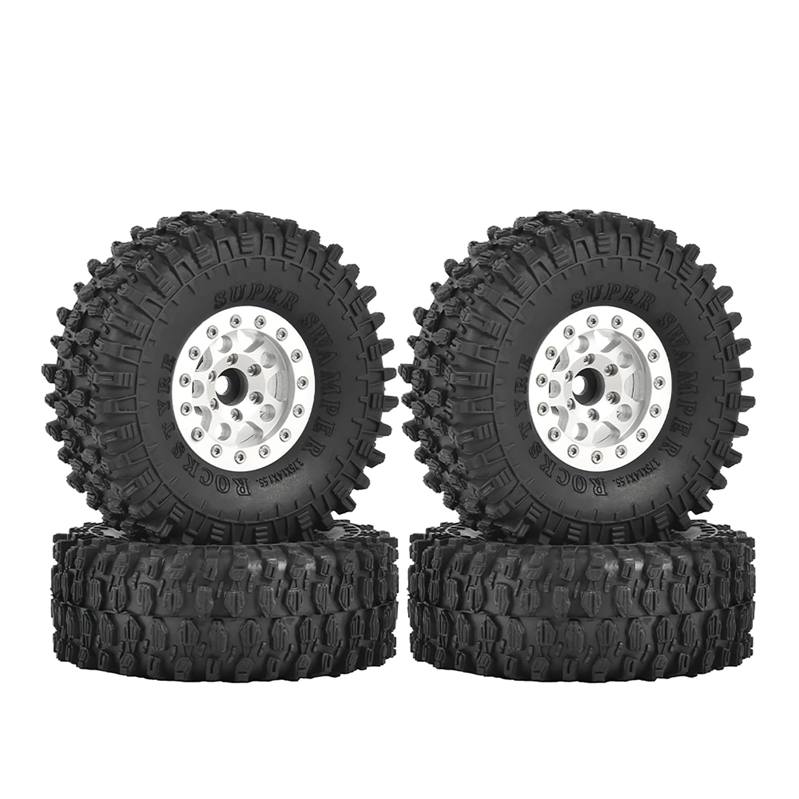 KINGCOO 4PCS 1.55Inch Aluminum Alloy Metal 5Spoke Beadlock Wheel Rims and Rubber Tires Set for 1/10 RC Rock Crawler Car for Axial AX90069 UTB18 D90 TF2 Tamiya Upgrade Parts (Silver, 95MM-A)