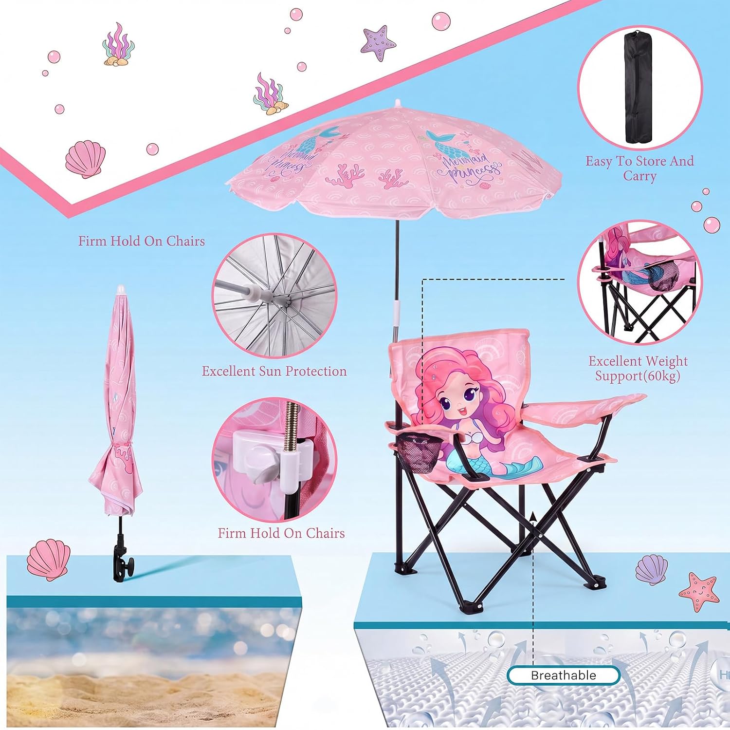 Redbaker Mermaid Kids Beach Chair with Umbrella Pink Toddler Folding Lawn and Camping Chair with Summer Shade for Boys Girls Outdoor Pool Travel Picnic