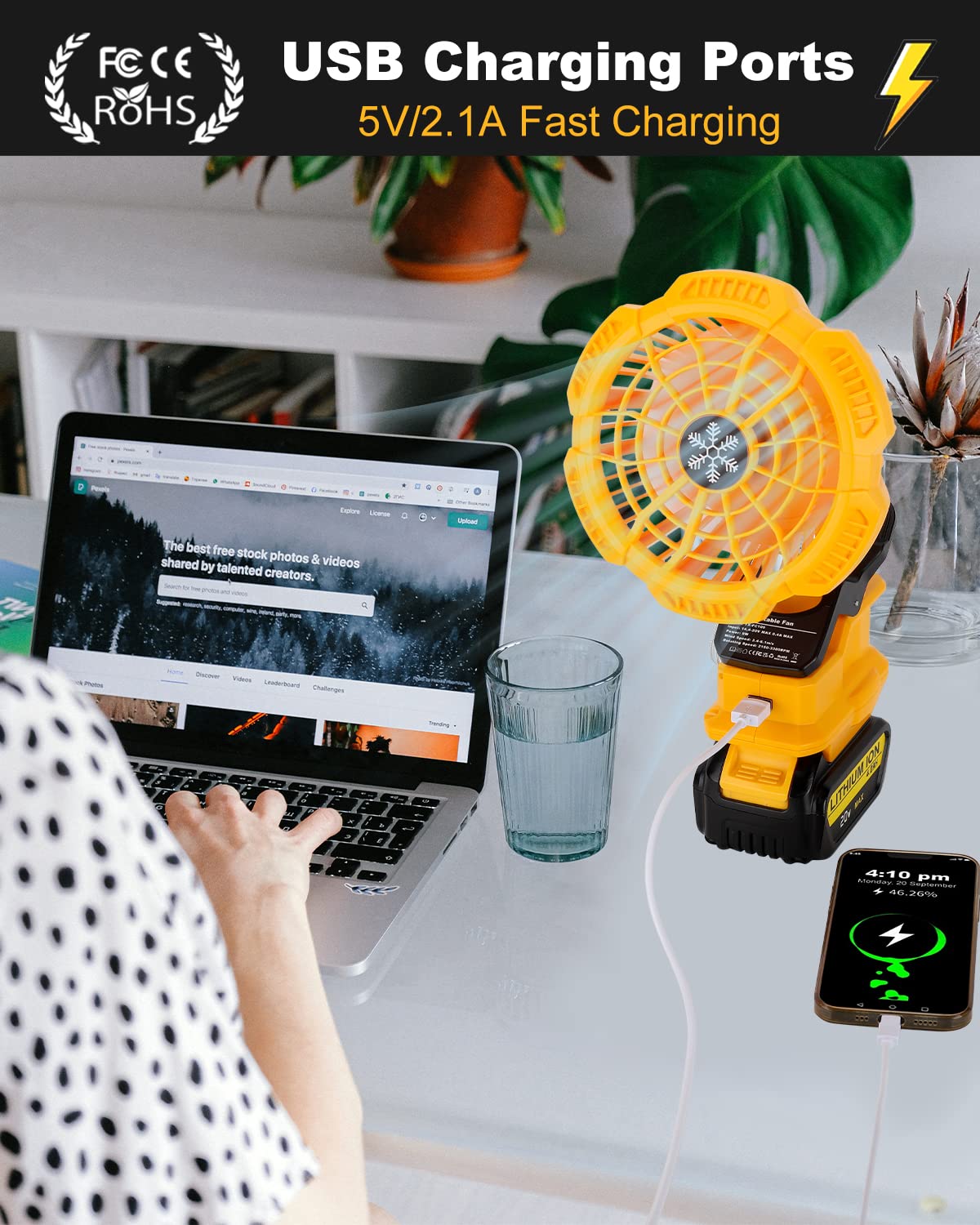 Ventilador portátil con pinza para Dewalt 18v 54v Batería de iones de litio, ventilador a batería para cochecito con 3 velocidades de bajo consumo (sólo herramienta)