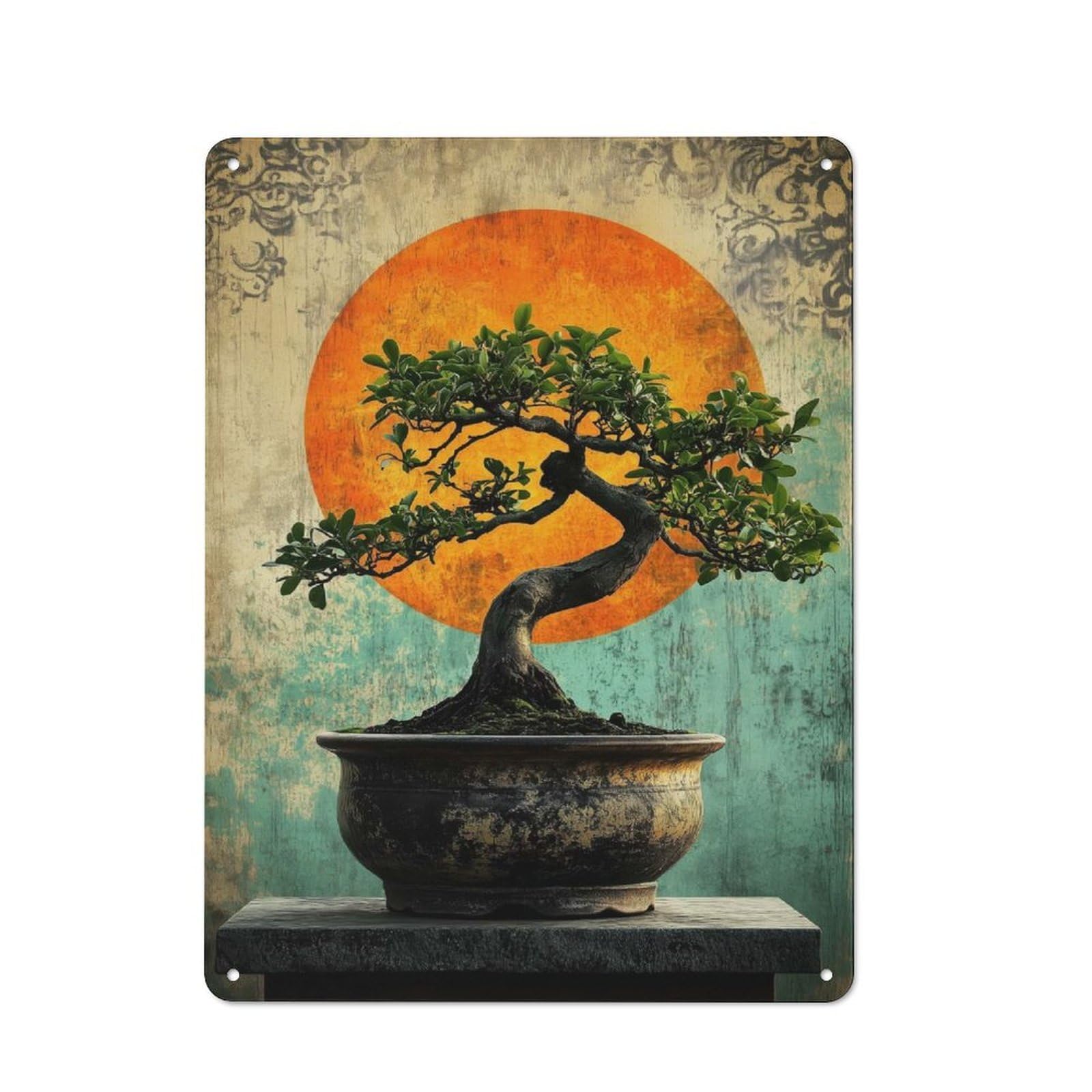 Junmoney Style-18 Modern Retro Decorative Metal Plaque 40X30cm Featuring Bonsai Tree With Sunset, Loft Wall Plaque For Flat, Bar, Studio Or Gallery Wall