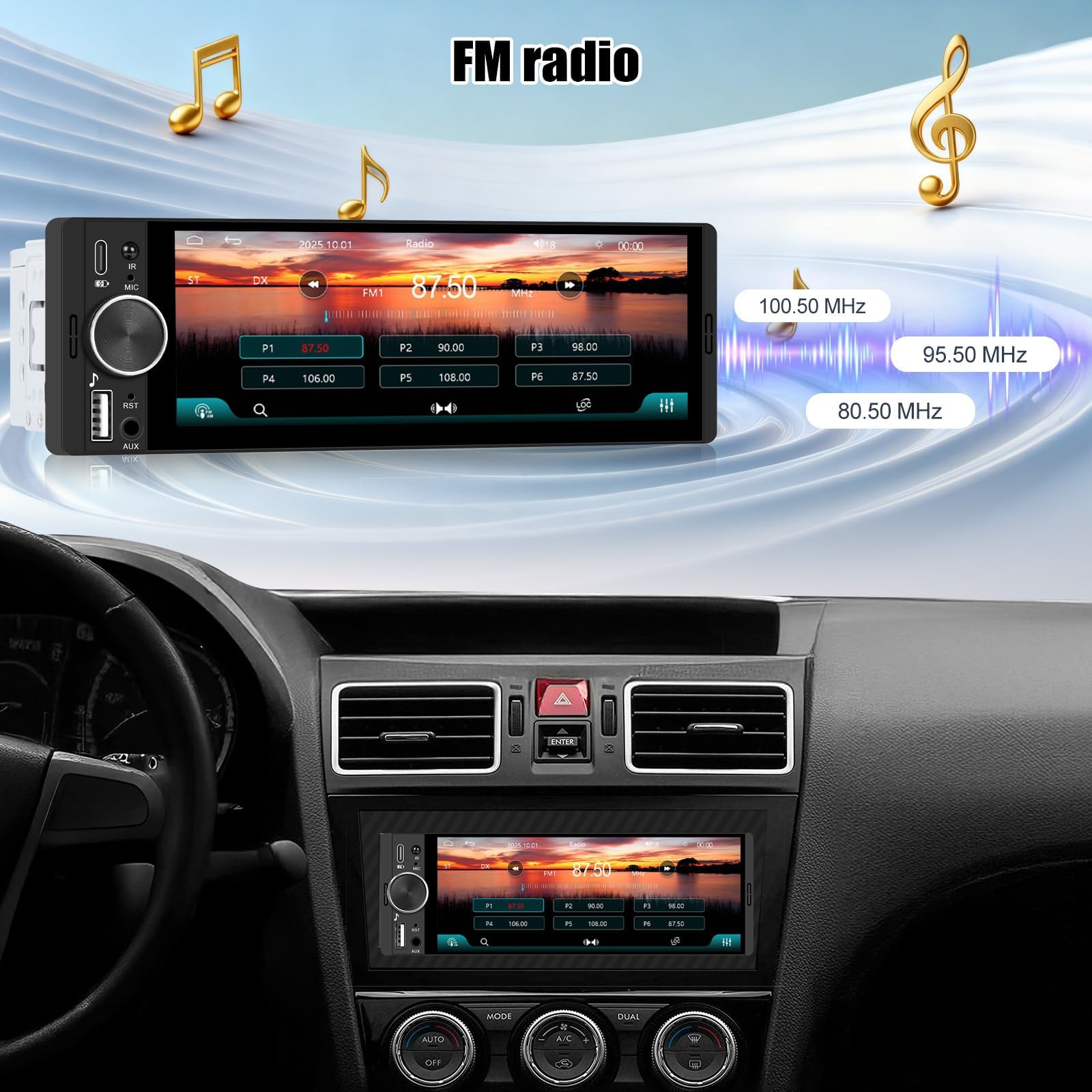CAMECHO [CARPLAY] 1-DIN radio samochodowe z bezprzewodowym CarPlay i Android Auto ekranem IPS 6,28 cala dotykowym radio do samochodu 1 DIN z Bluetooth łączeniem lustrzanym FM EQ MP5