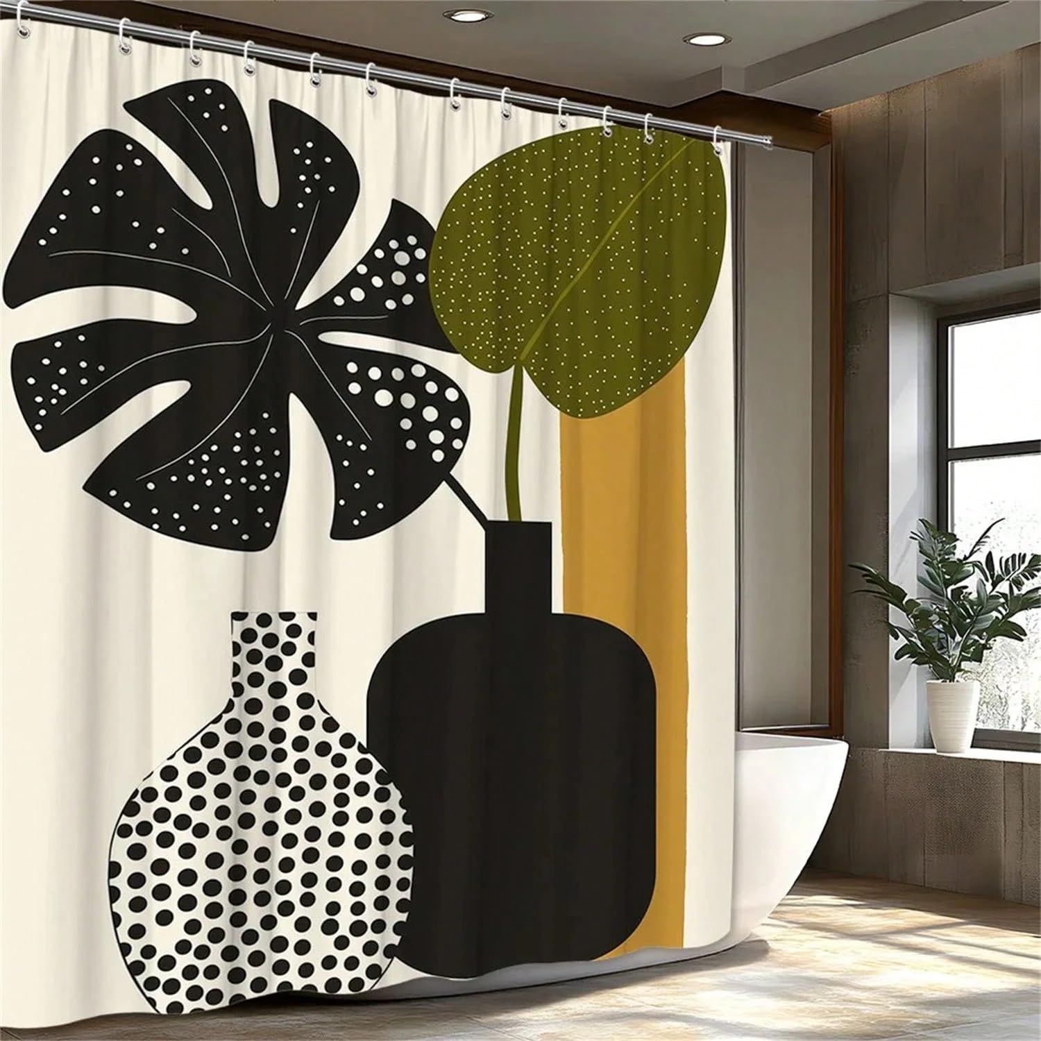 GLKSDLPO Minimalist Geometric Art With Monstera Leaf Shower Curtain, Black Vases And Dotted Patterns On Beige Background Home Bathroom(115x220cm/45x87in(WxH)