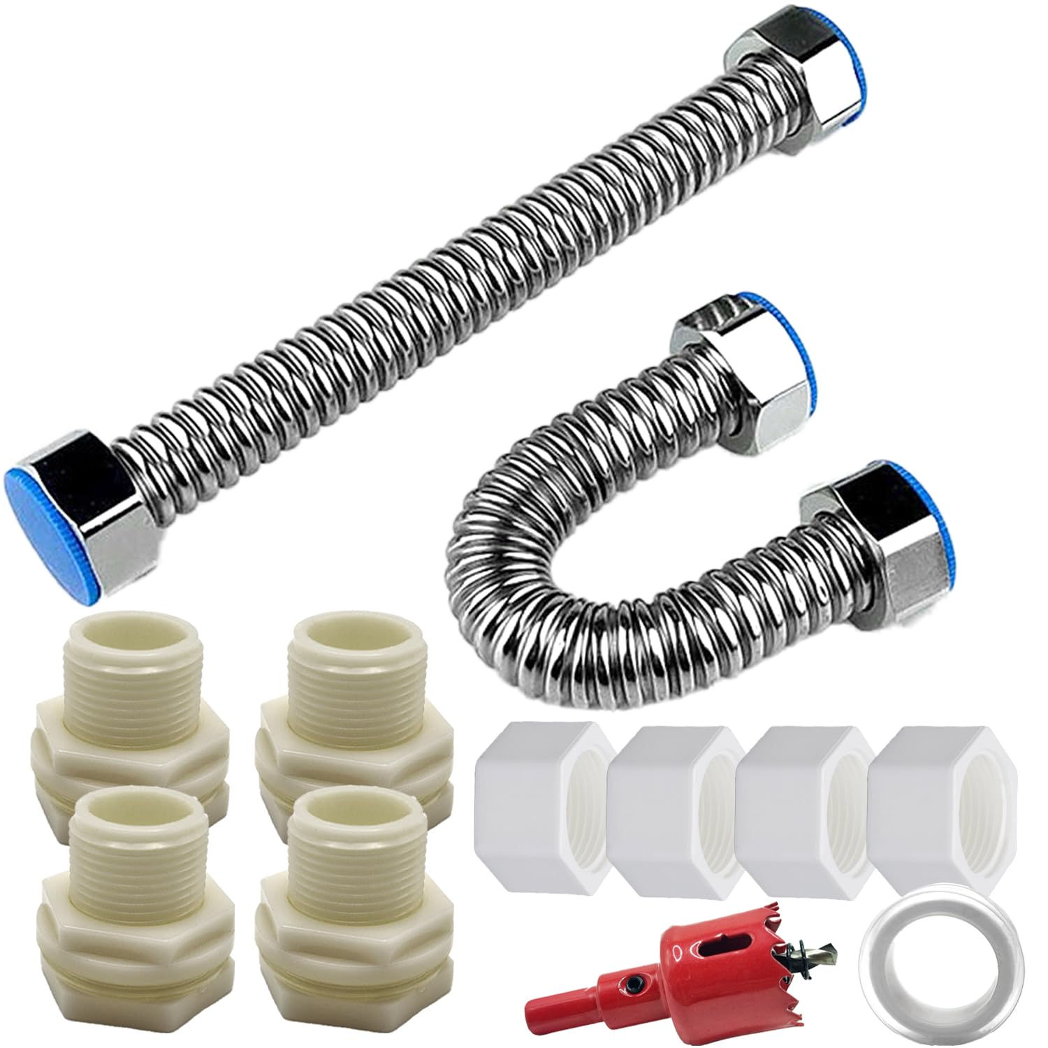 Juego de 2 conectores de barril de lluvia, kit de conector de barril de lluvia con manguera de acero inoxidable 304 de 12 pulgadas, accesorios de mamparo de 3/4 pulgadas con tapones y sierra