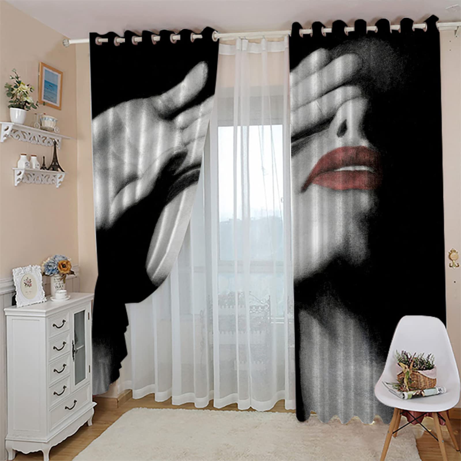 Cortinas Cocina Cortas Opacas Modernas para Ventanas 2 Piezas 280X260Cm Cortinas Opacas con Ojales Impresión De Mujer De Moda Cortinas Salon Dormitorio Juvenil Infantil Termicas Aislantes Frio Y Calo