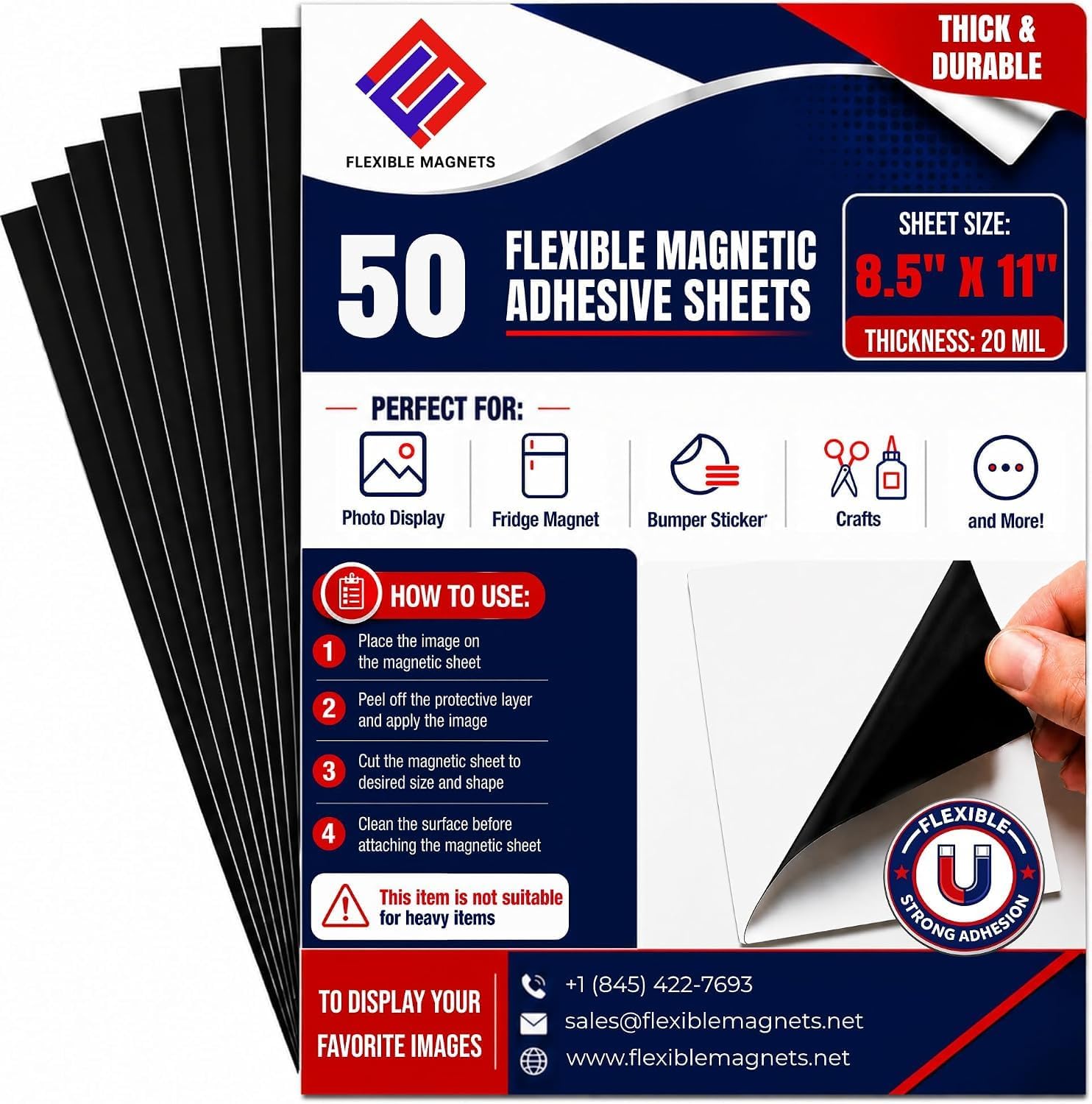 Flexible Magnet Sheet with Adhesive Backing, 20 Mil, 8.5" x 11", 50 Pack