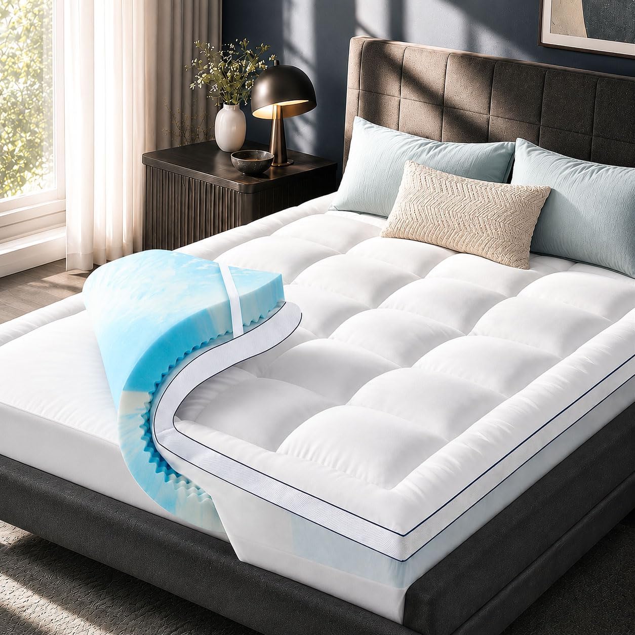 Queen Mattress Topper 4 Inch, Cooling Memory Foam Mattress Topper Queen Size with 2" Gel Foam & 2" Soft Pillow Top, Bamboo Viscose Cover, 21" Deep Pocket Mattress Pad