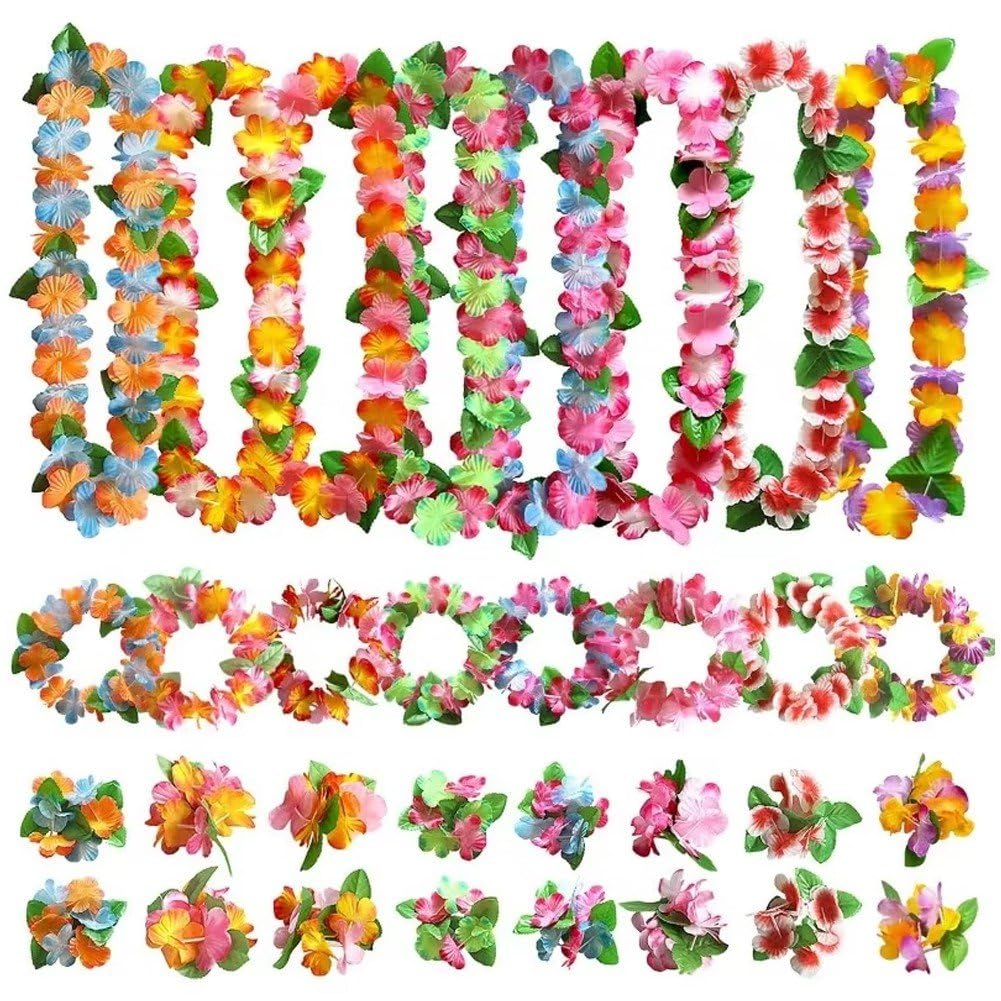 Muteitt 32 Pcs Hawaiian Leis Decorations, Tropical Flower Necklace Bracelet Headband Set for Hawaiian Tropical Beach Party Hawaiian Night Bar Holiday