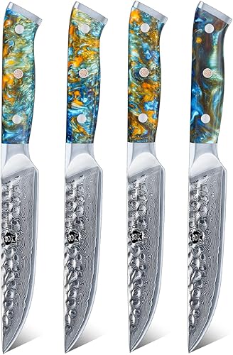 WILDMOK Juego de cuchillos para carne, 4 piezas de espiga completa de 5 pulgadas, cuchillos de cena de acero de Damasco forjado de espiga completa