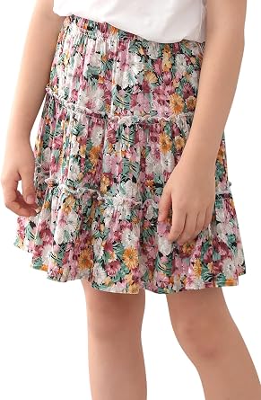 GORLYA Girls Floral Tiered Ruffle Mini Skirt 4-14Y | 3-layer tiered ruffle design, soft/lightweight flowy fabric, perfect for school, parties, and Easter celebrations