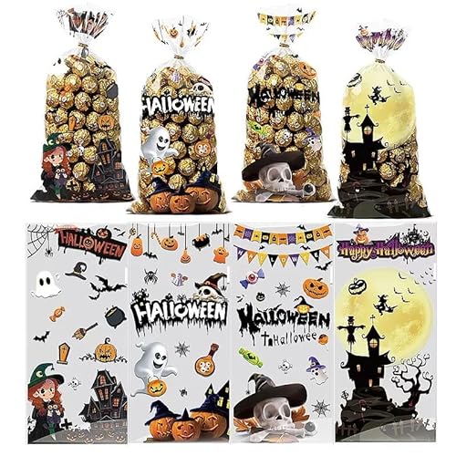 【2025年ハロウィン袋】ハロウィン ラッピング 袋 50PCS 長方形 OPP ビニール 平口 セロファン リボン付き チャック袋 手作 ョコレート お菓子 ラッピング 袋 可愛い 分け袋 4in1 ギフトバッグ レジ袋 個包装 (12.5*27CM/A